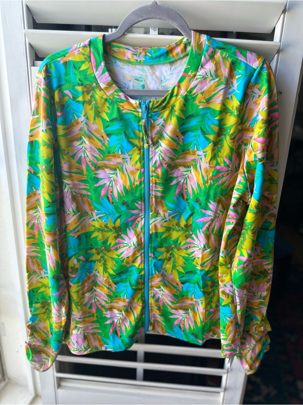 Belle by Kim Gravel Tropical Leaf Zip Swim Coverup - Green, Yellow, Pink, Blue